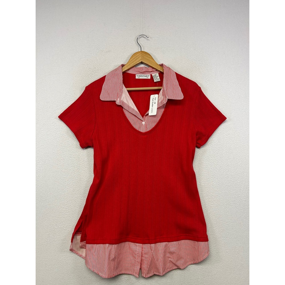 Preppy Extra Touch Womens 2X Red Pinstripe Layered Look Short Sleeve Top 17075
